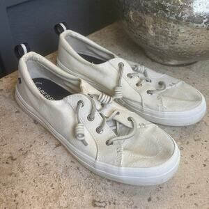 Sperry Womens Top Sider White Canvas Boat Casual Dock Shoe,  Size 8.5 EUC